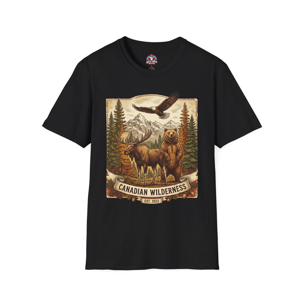 Mens T-Shirt — Canadian Wilderness Vintage Nature Graphic (Bear, Moose & Eagle)