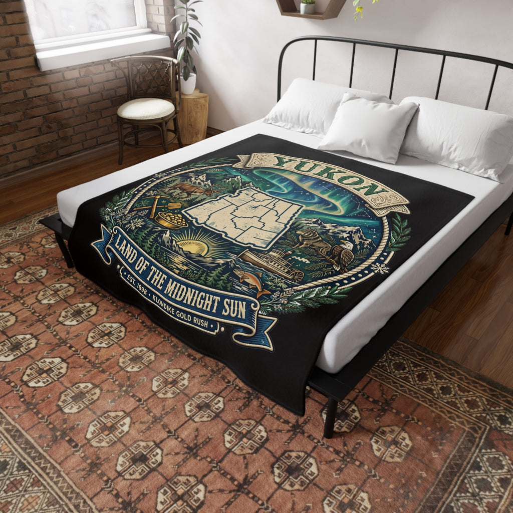 Yukon Northern Lights Plush Fleece Blanket — "Land of the Midnight Sun" Map Design