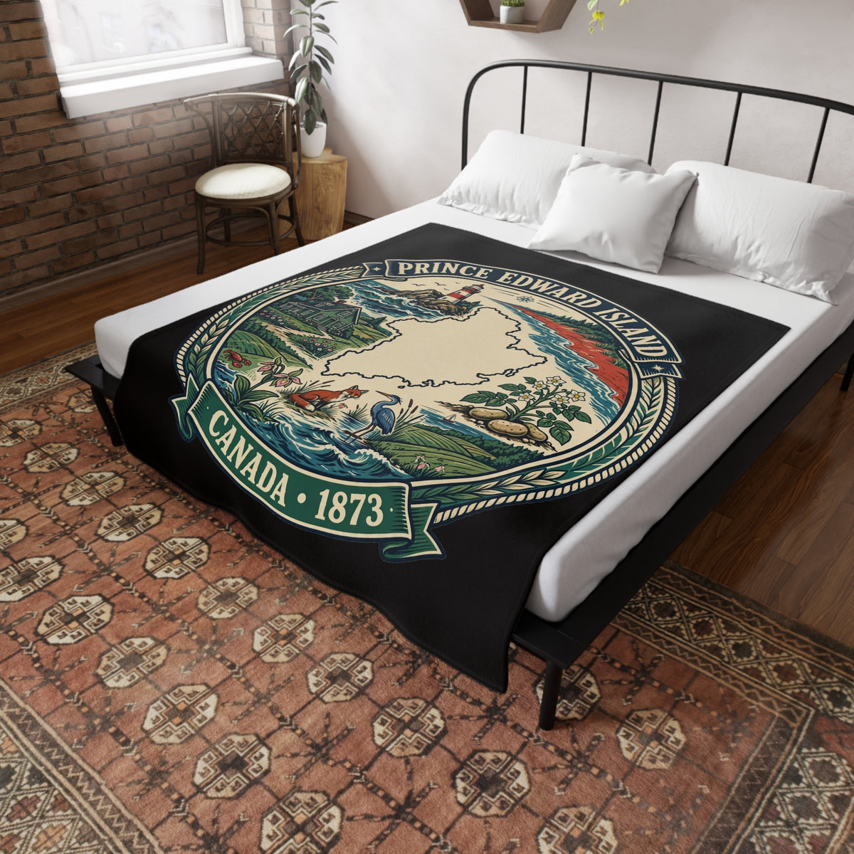 Prince Edward Island Map Fleece Blanket — Canada 1873 Coastal Lighthouse Throw