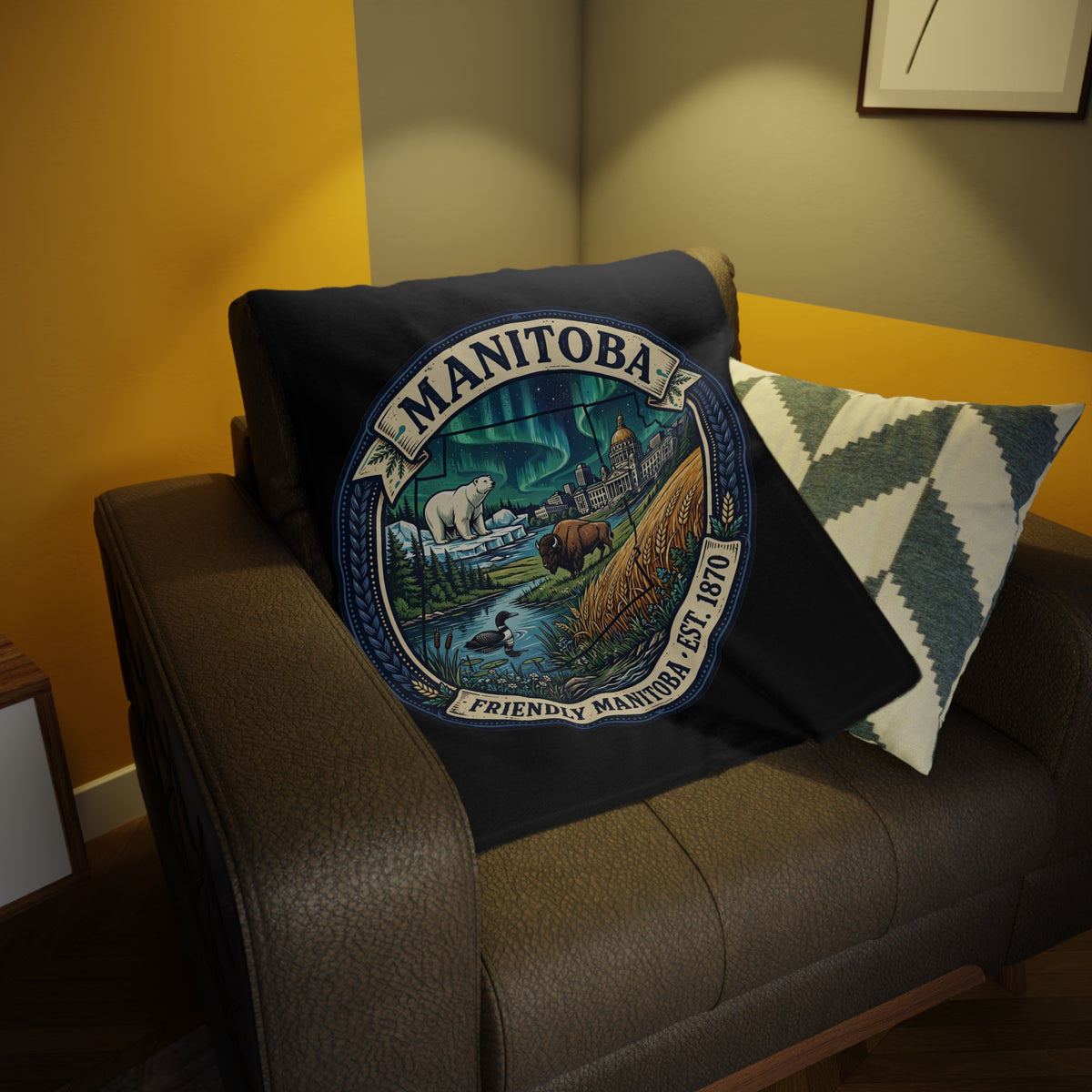 Manitoba Scenic Plush Fleece Blanket — Friendly Manitoba Est. 1870 Design
