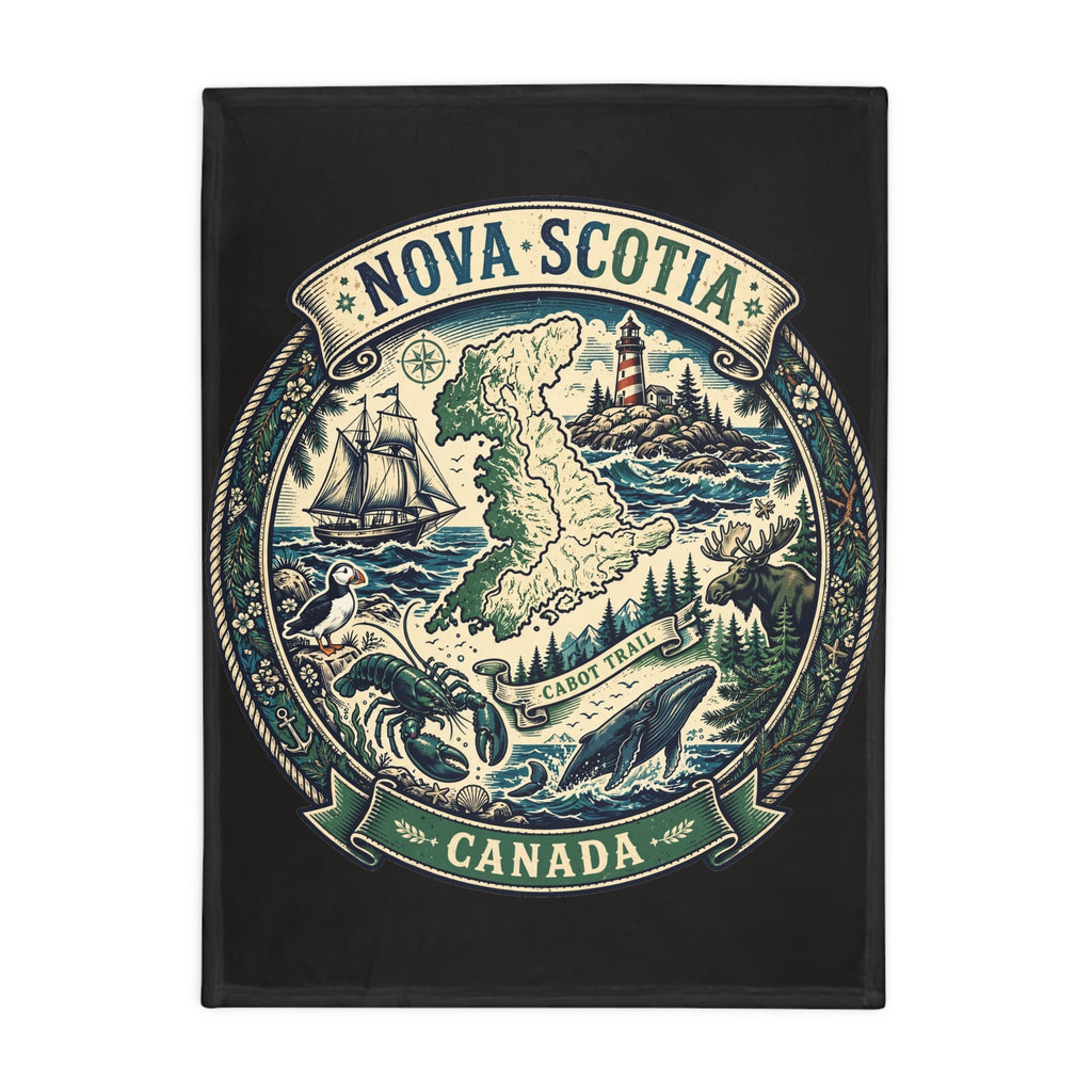 Nova Scotia Canada Plush Fleece Blanket — Coastal Map, Cabot Trail Lighthouse and Whale Design