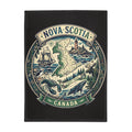 Nova Scotia Canada Plush Fleece Blanket — Coastal Map, Cabot Trail Lighthouse and Whale Design
