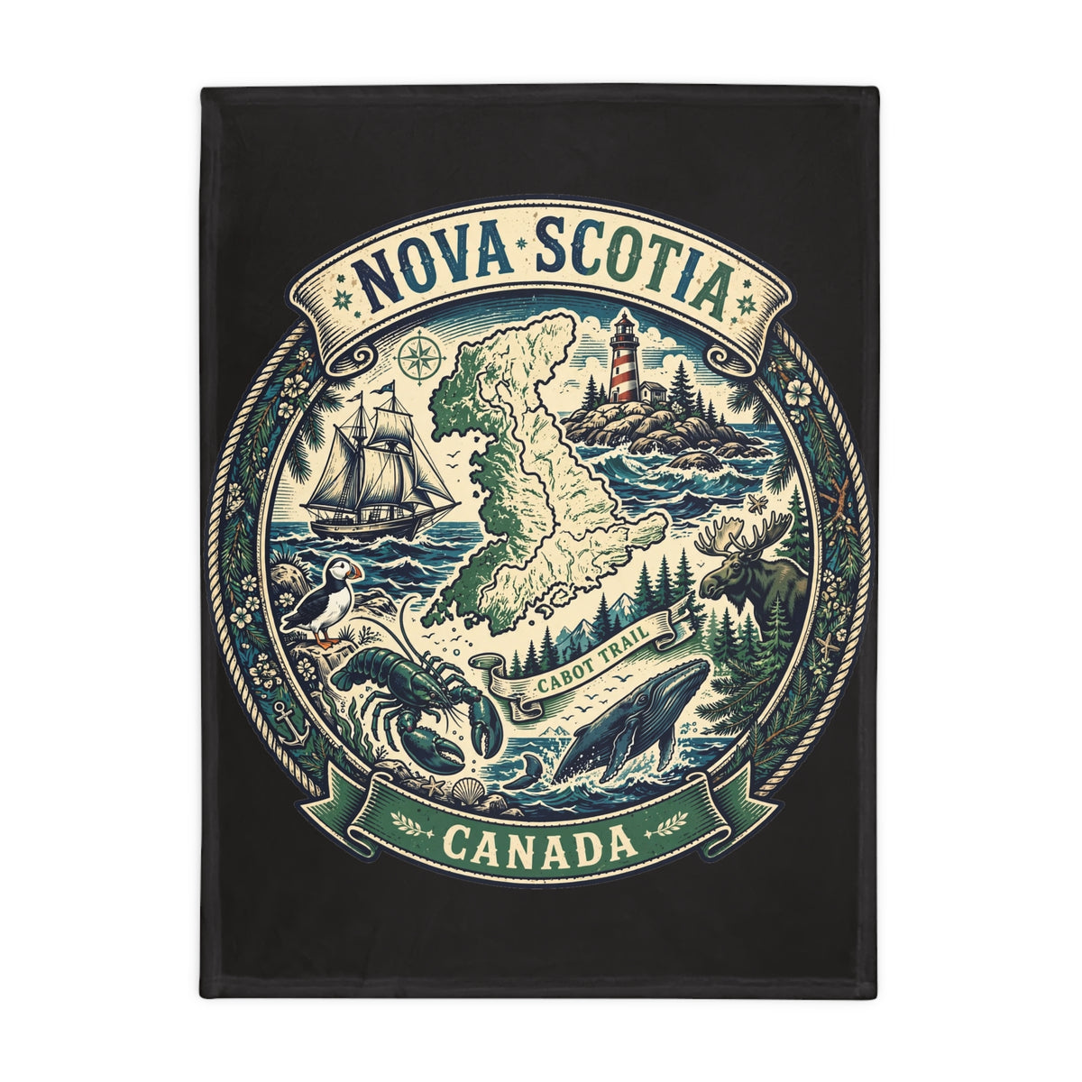 Nova Scotia Canada Plush Fleece Blanket — Coastal Map, Cabot Trail Lighthouse and Whale Design