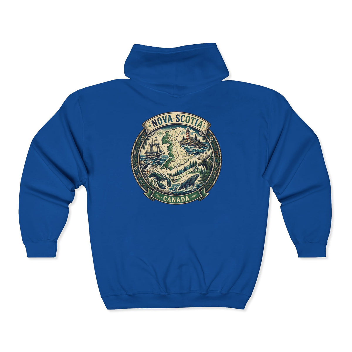 Nova Scotia Canada Vintage Map Hoodie — Coastal Lighthouse and Whale Graphic Hoodie