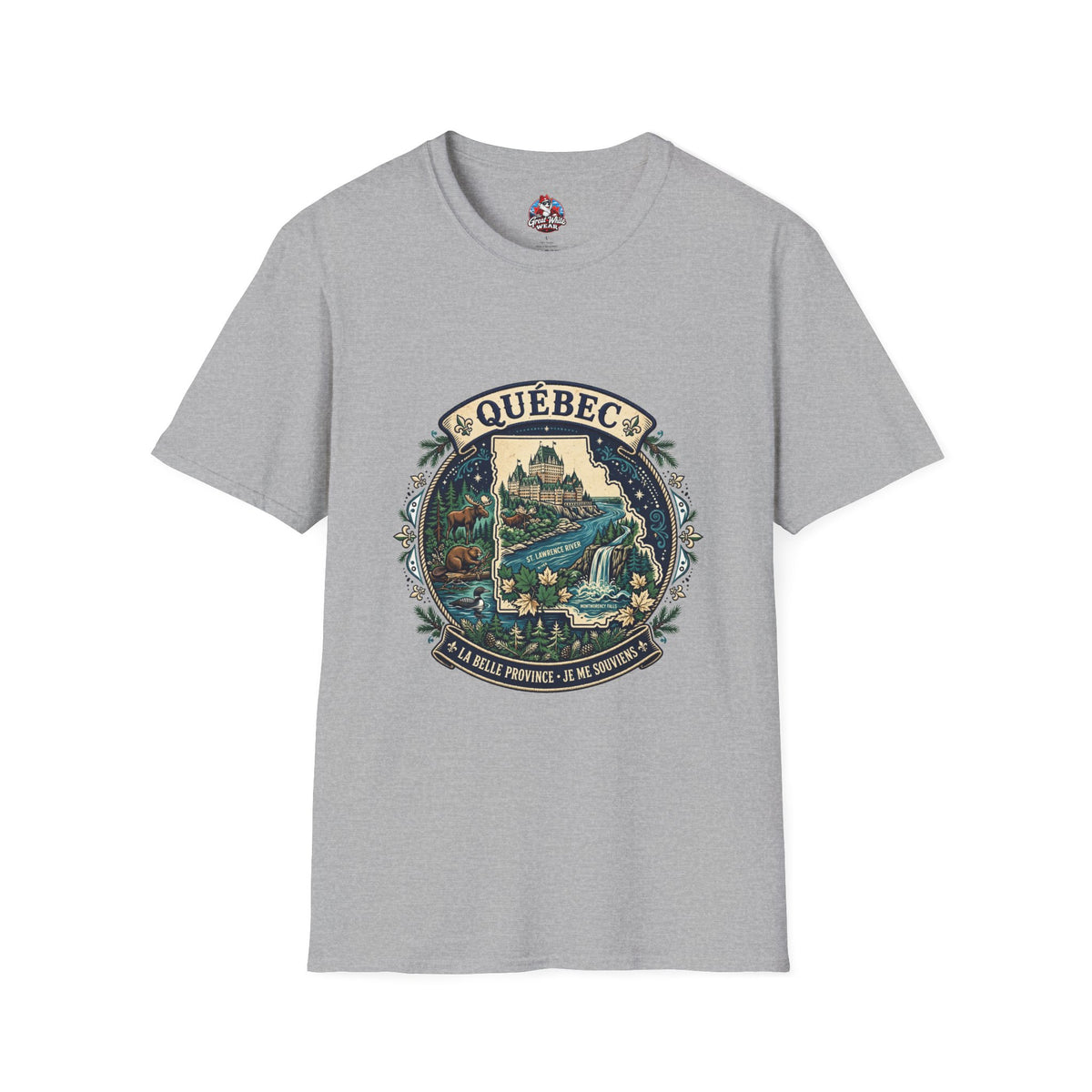 Québec Vintage Travel T-Shirt — Scenic Chateau and Waterfall Souvenir Tee
