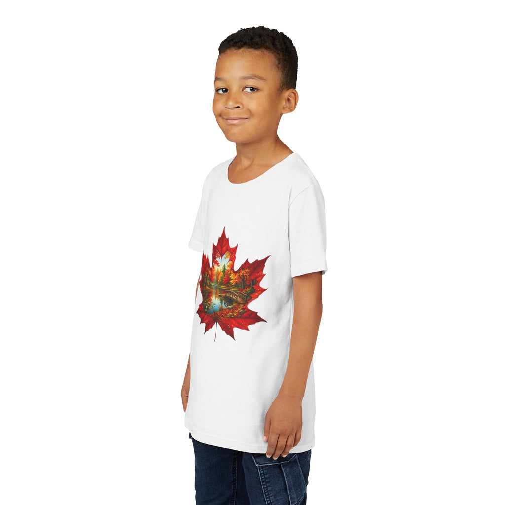 Youth Tee – Autumn Maple Leaf Lake Scene Graphic