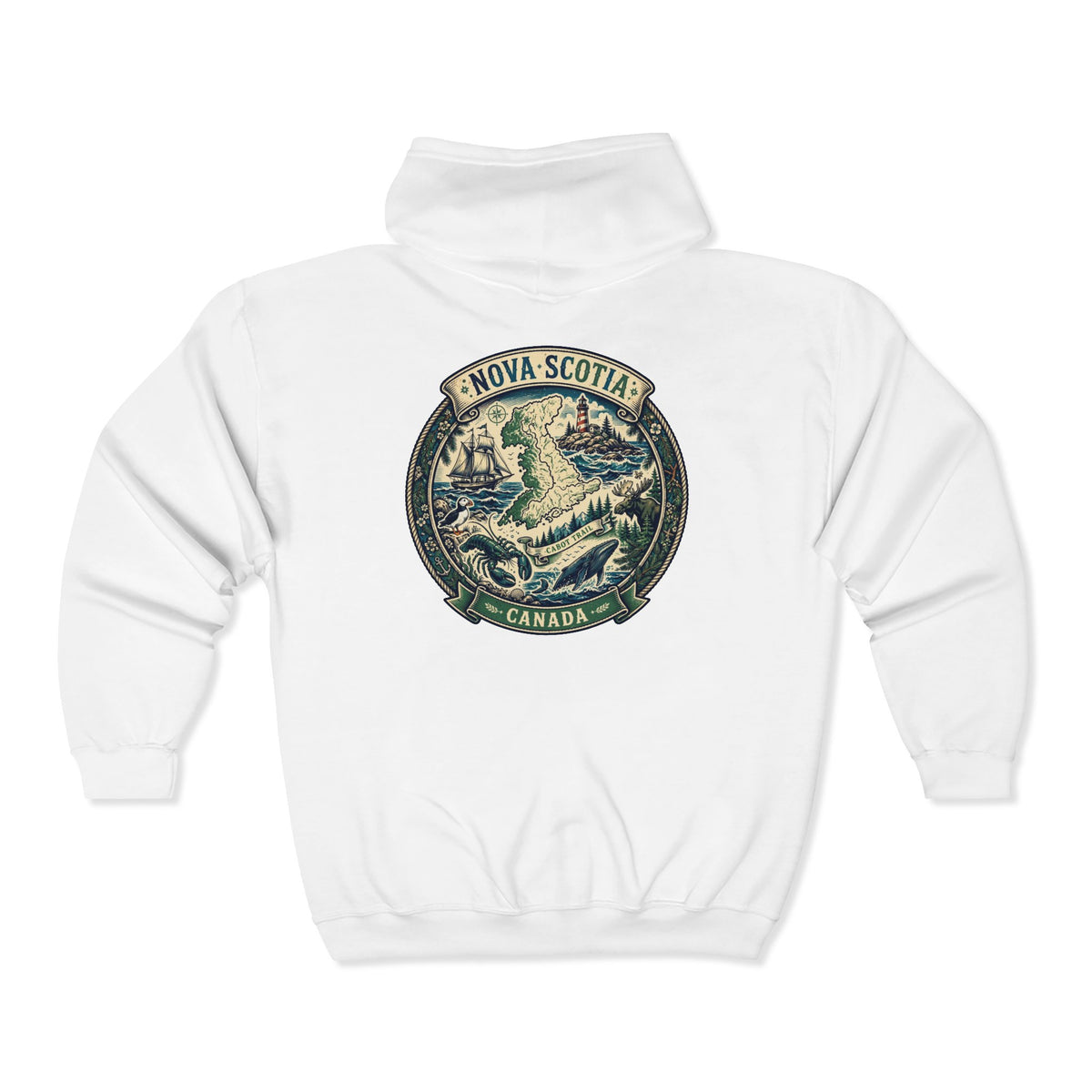 Nova Scotia Canada Vintage Map Hoodie — Coastal Lighthouse and Whale Graphic Hoodie