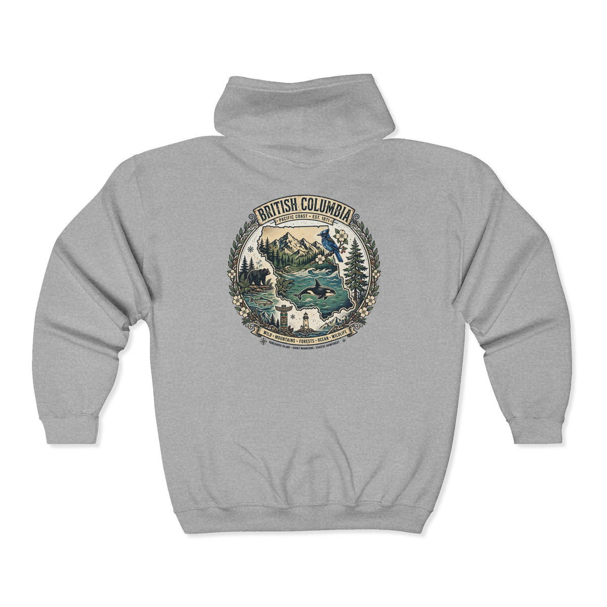 British Columbia Nature Hoodie — Scenic Mountains and Orca