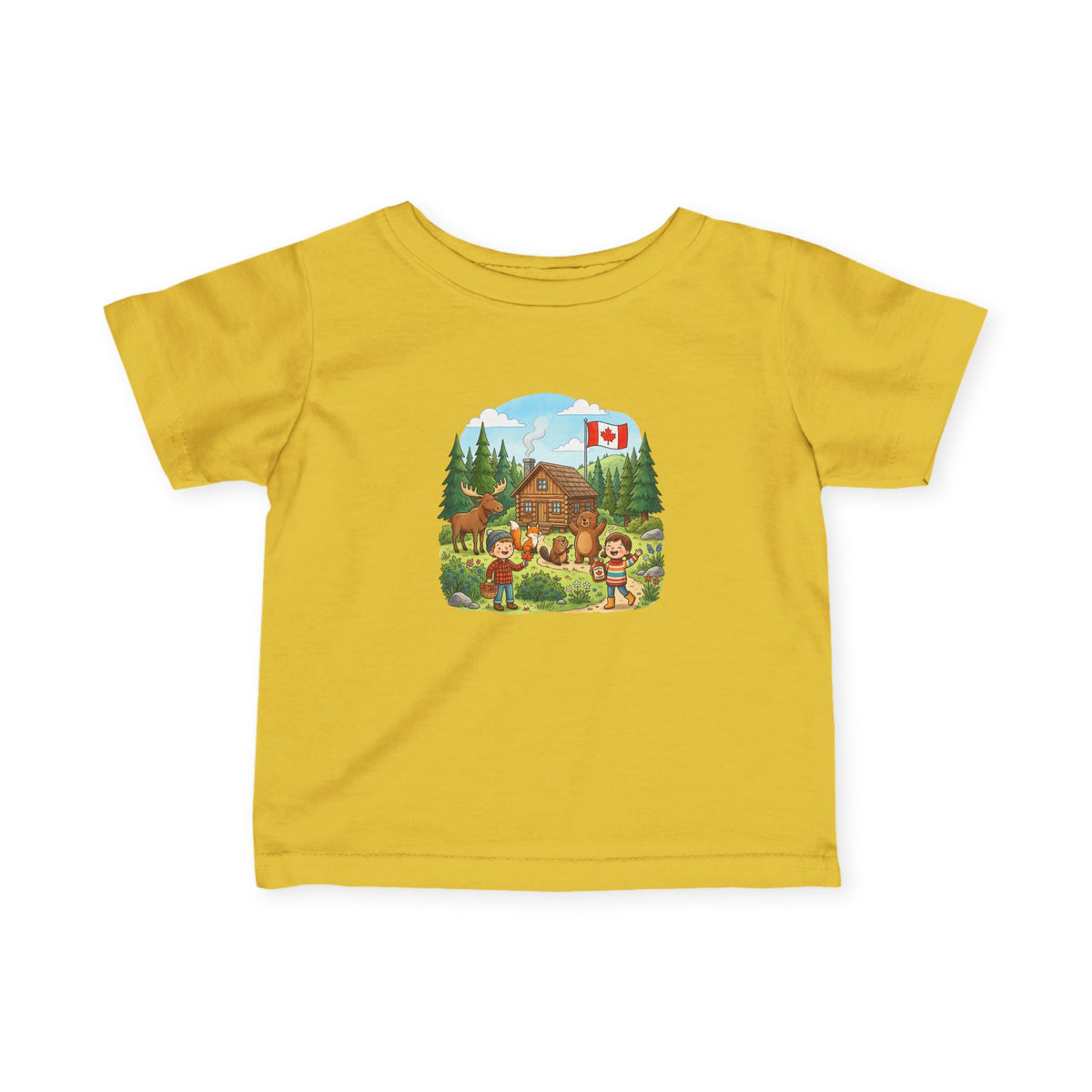 Infant Tee — Cozy Canadian Cabin Scene with Maple Flag
