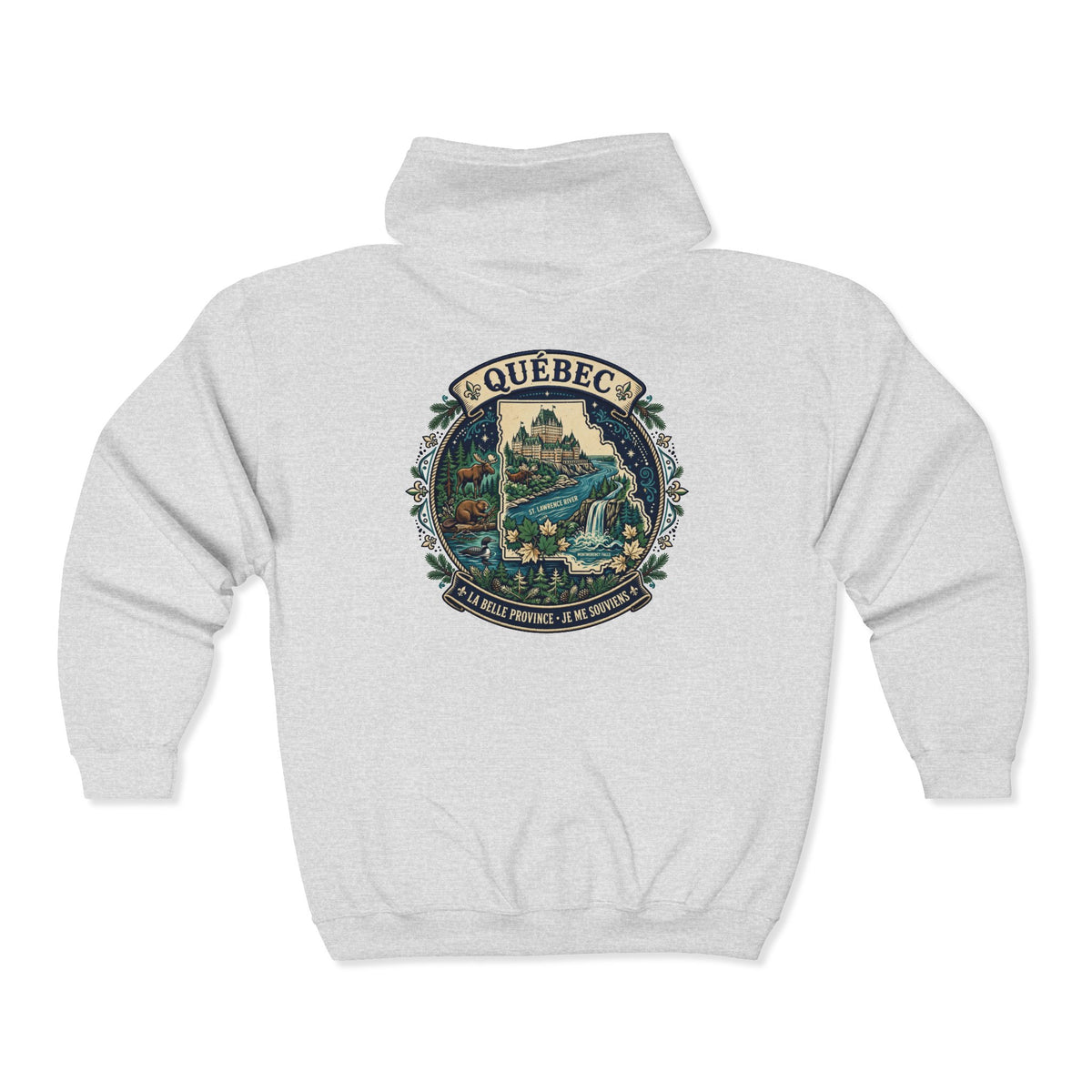 Québec Vintage Travel Hoodie — Scenic Chateau and Waterfall Souvenir Hoodie