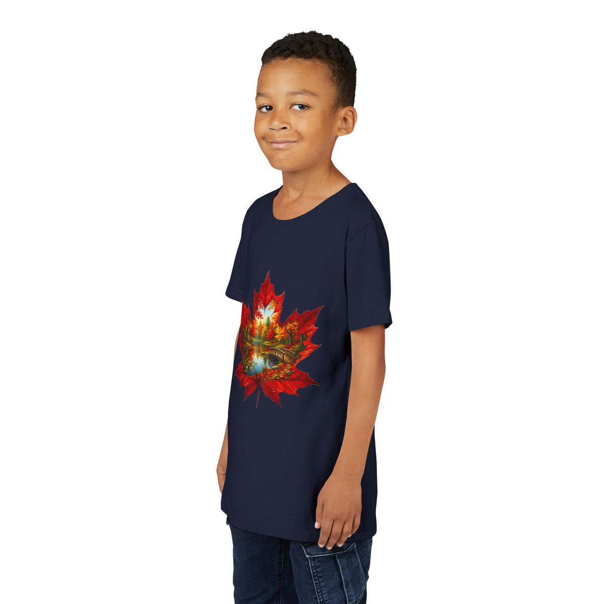 Youth Tee – Autumn Maple Leaf Lake Scene Graphic