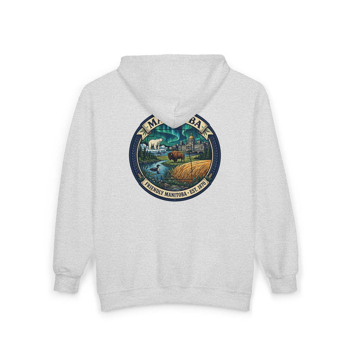 Manitoba Nature Badge Hoodie — Northern Lights, Moose and Prairie