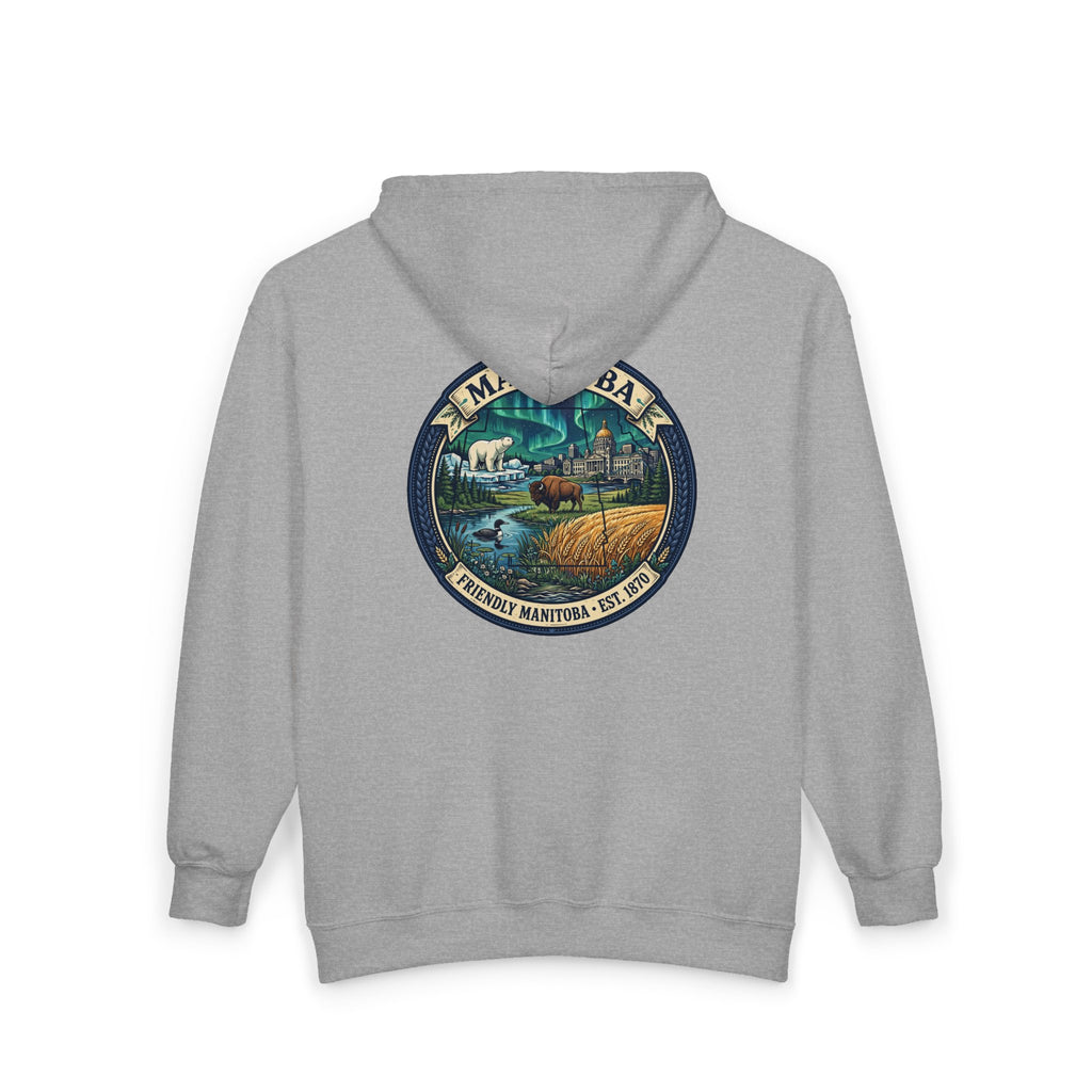 Manitoba Nature Badge Hoodie — Northern Lights, Moose and Prairie