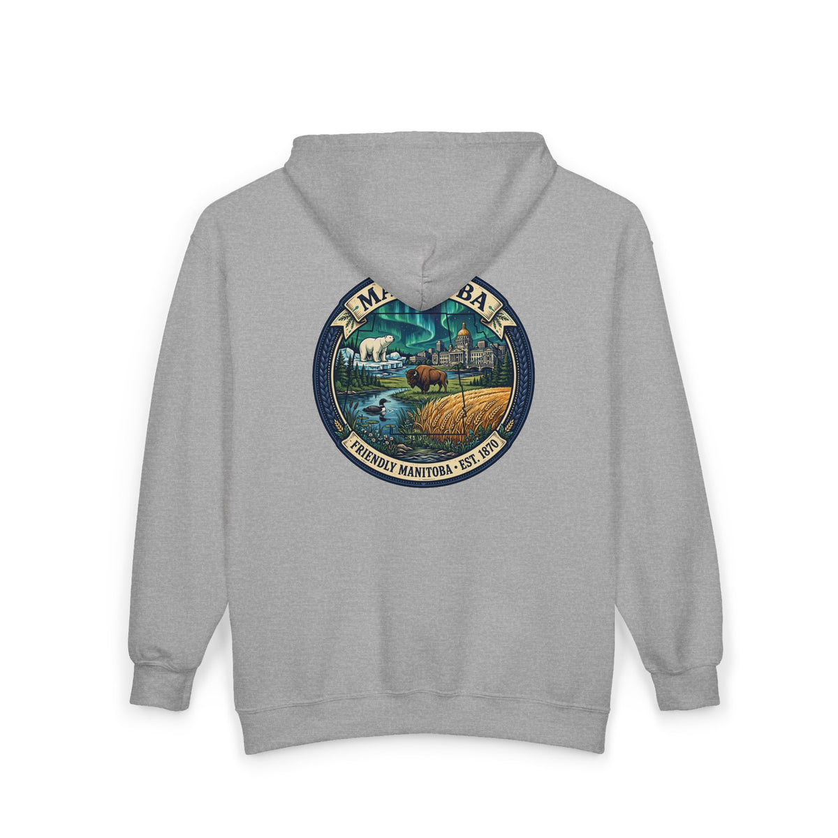 Manitoba Nature Badge Hoodie — Northern Lights, Moose and Prairie