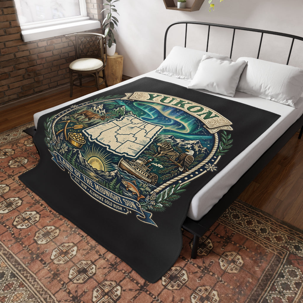 Yukon Northern Lights Plush Fleece Blanket — "Land of the Midnight Sun" Map Design