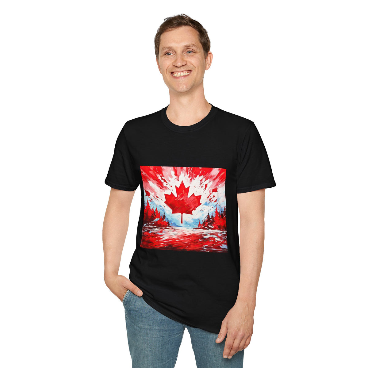 Mens Canadian Maple Leaf T-Shirt — Abstract Red & White Canada Flag Design