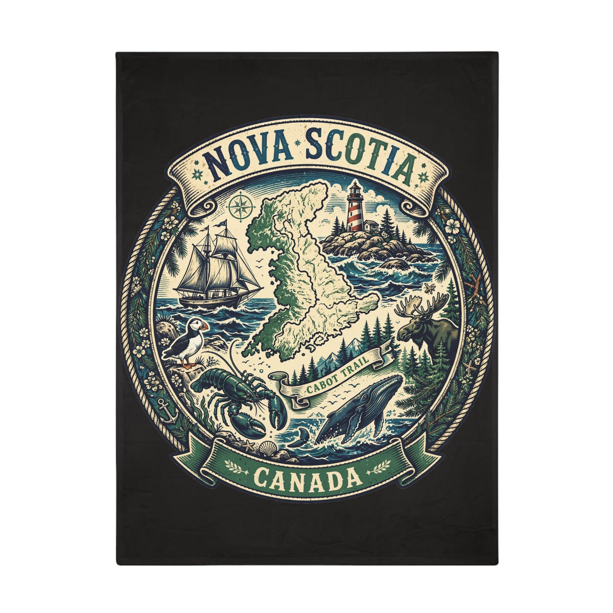 Nova Scotia Canada Plush Fleece Blanket — Coastal Map, Cabot Trail Lighthouse and Whale Design