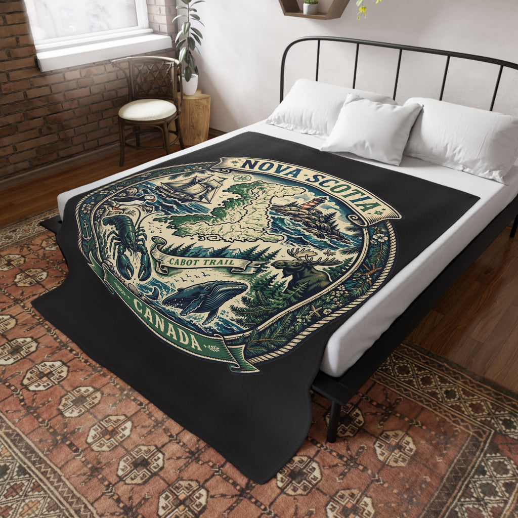 Nova Scotia Canada Plush Fleece Blanket — Coastal Map, Cabot Trail Lighthouse and Whale Design