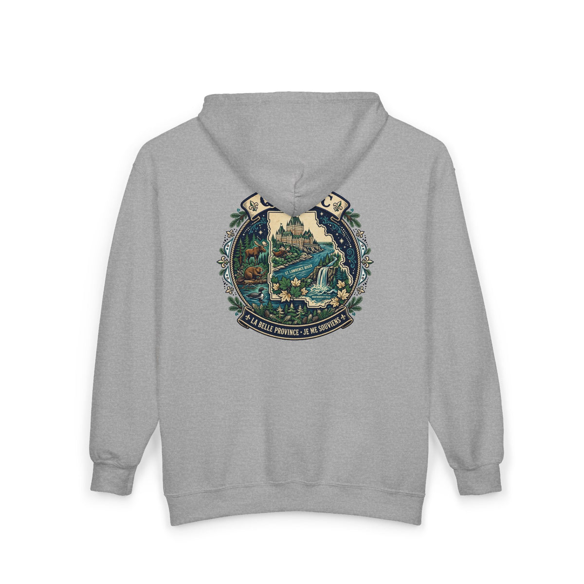 Québec Vintage Travel Hoodie — Scenic Chateau and Waterfall Souvenir Hoodie