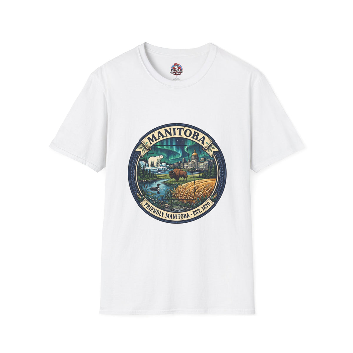 Manitoba Nature Badge T-Shirt — Northern Lights, Moose and Prairie Scenic Tee