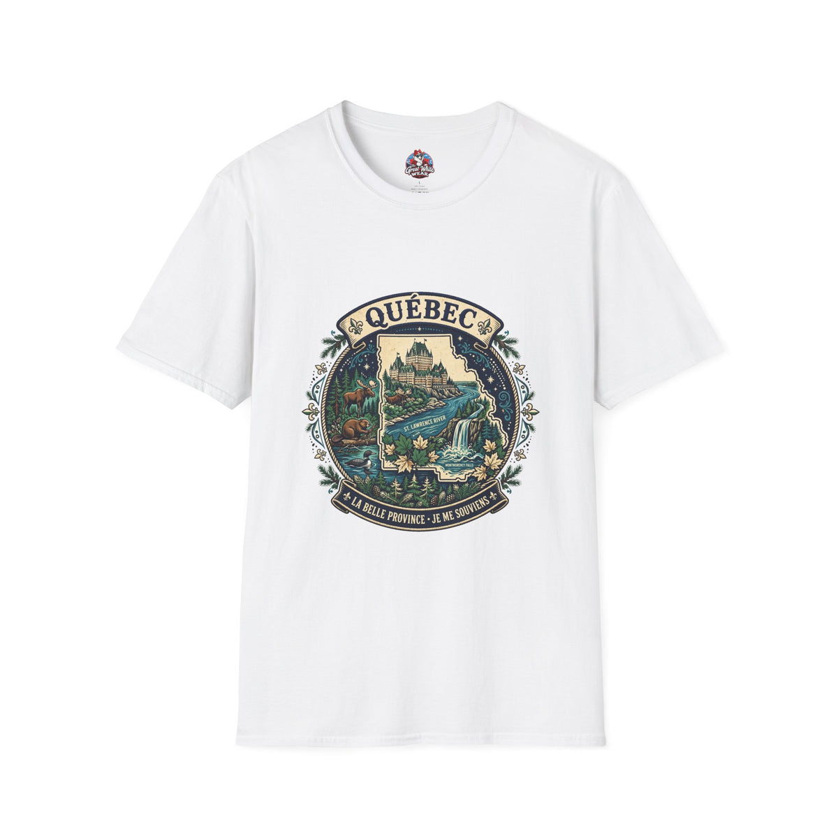 Québec Vintage Travel T-Shirt — Scenic Chateau and Waterfall Souvenir Tee