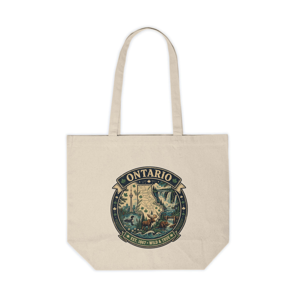 Ontario Vintage Nature Tote — Canvas Shopping Bag with Wildlife Emblem