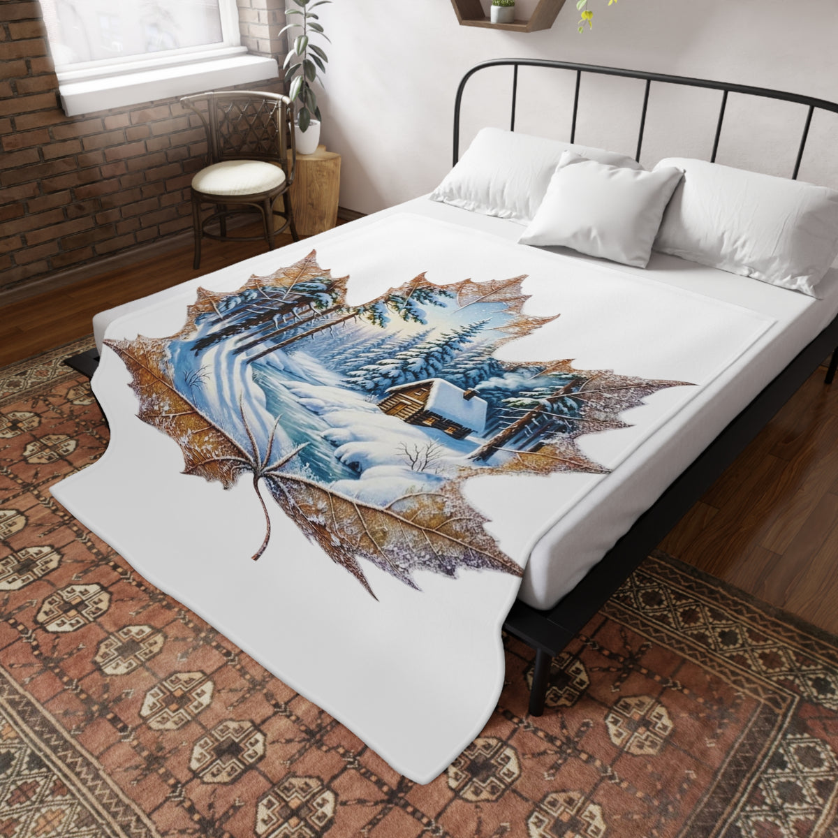 Winter Cabin Maple Leaf Plush Fleece Blanket