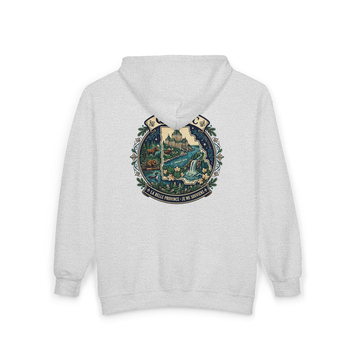 Québec Vintage Travel Hoodie — Scenic Chateau and Waterfall Souvenir Hoodie