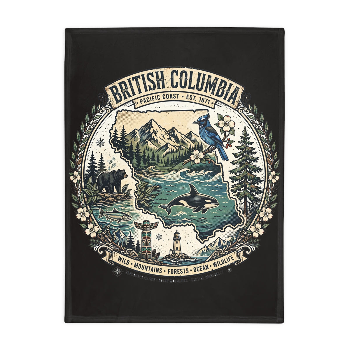British Columbia Plush Fleece Blanket — Pacific Coast Wildlife and Mountains Throw