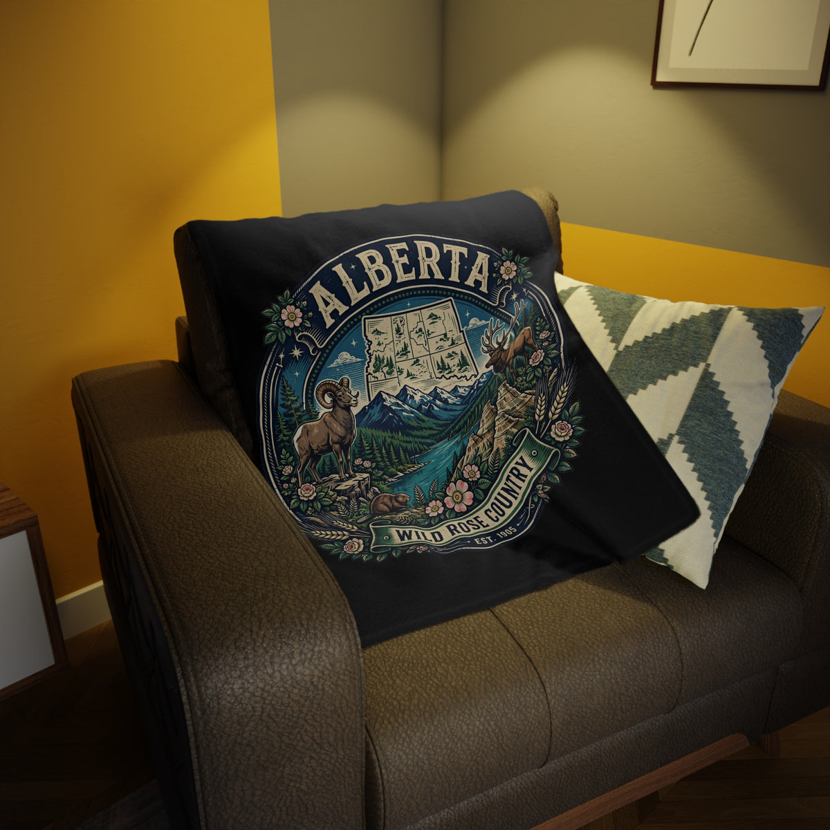 Alberta Wild Rose Country Plush Fleece Blanket — Scenic Rockies Map and Wildlife Throw