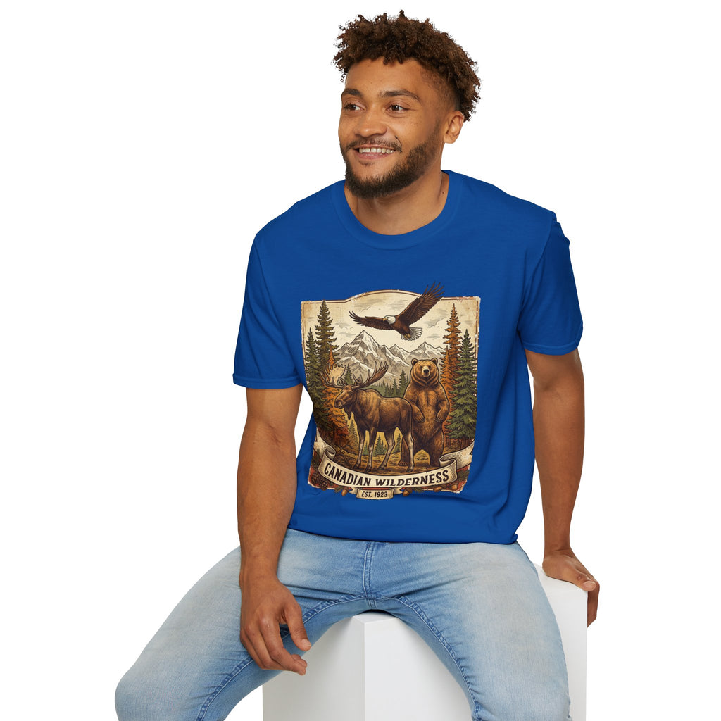 Mens T-Shirt — Canadian Wilderness Vintage Nature Graphic (Bear, Moose & Eagle)