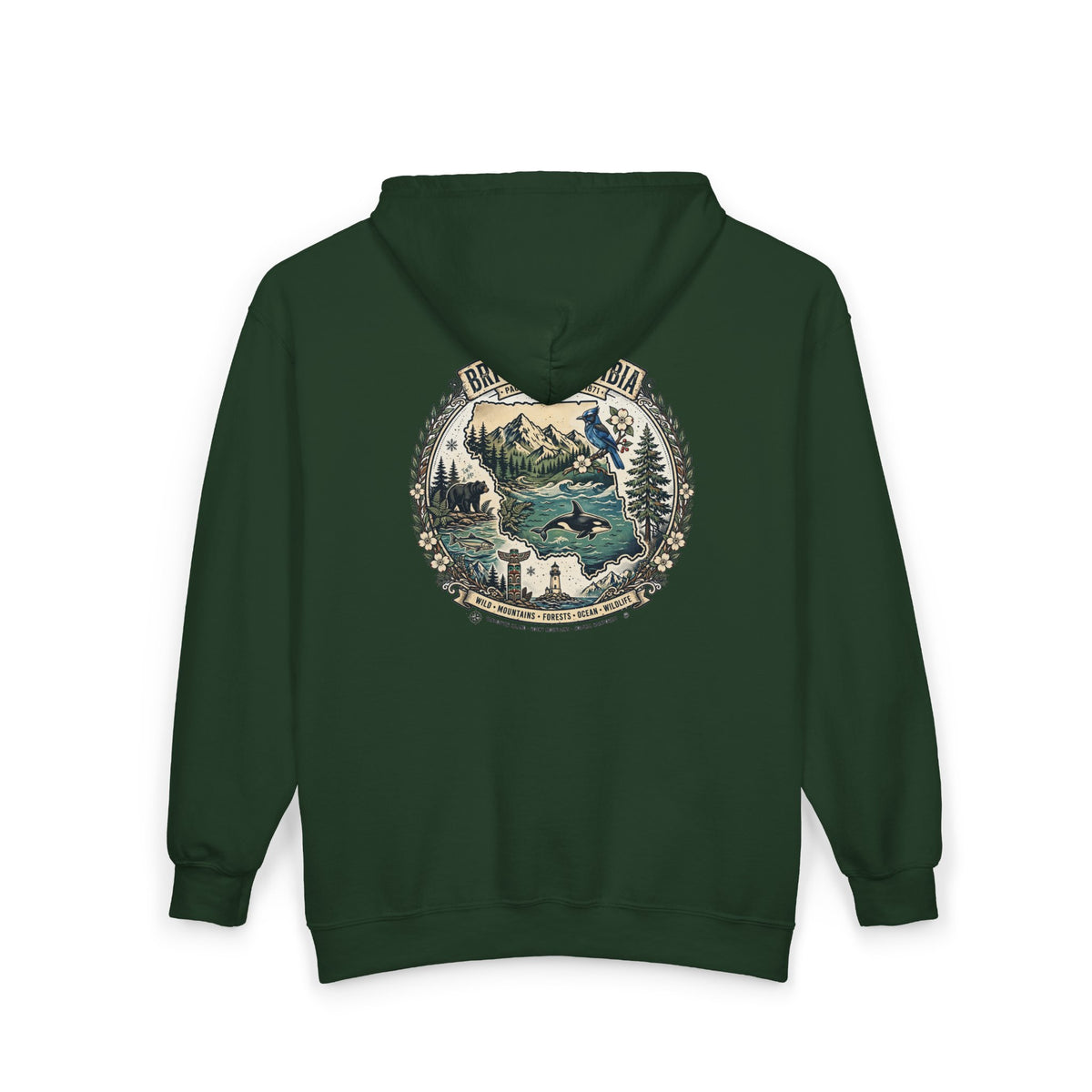 British Columbia Nature Hoodie — Scenic Mountains and Orca