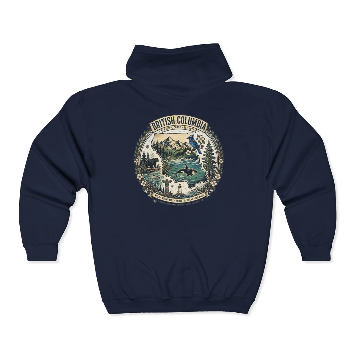 British Columbia Nature Hoodie — Scenic Mountains and Orca