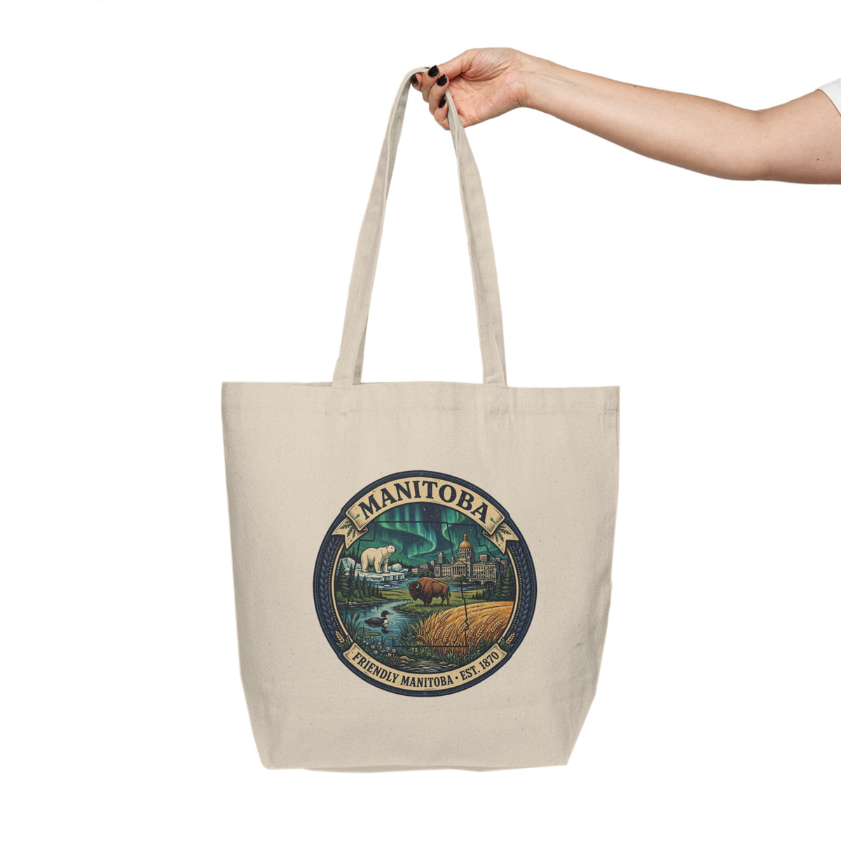 Manitoba Vintage Badge Canvas Tote Bag — Canadian Prairie Travel Souvenir