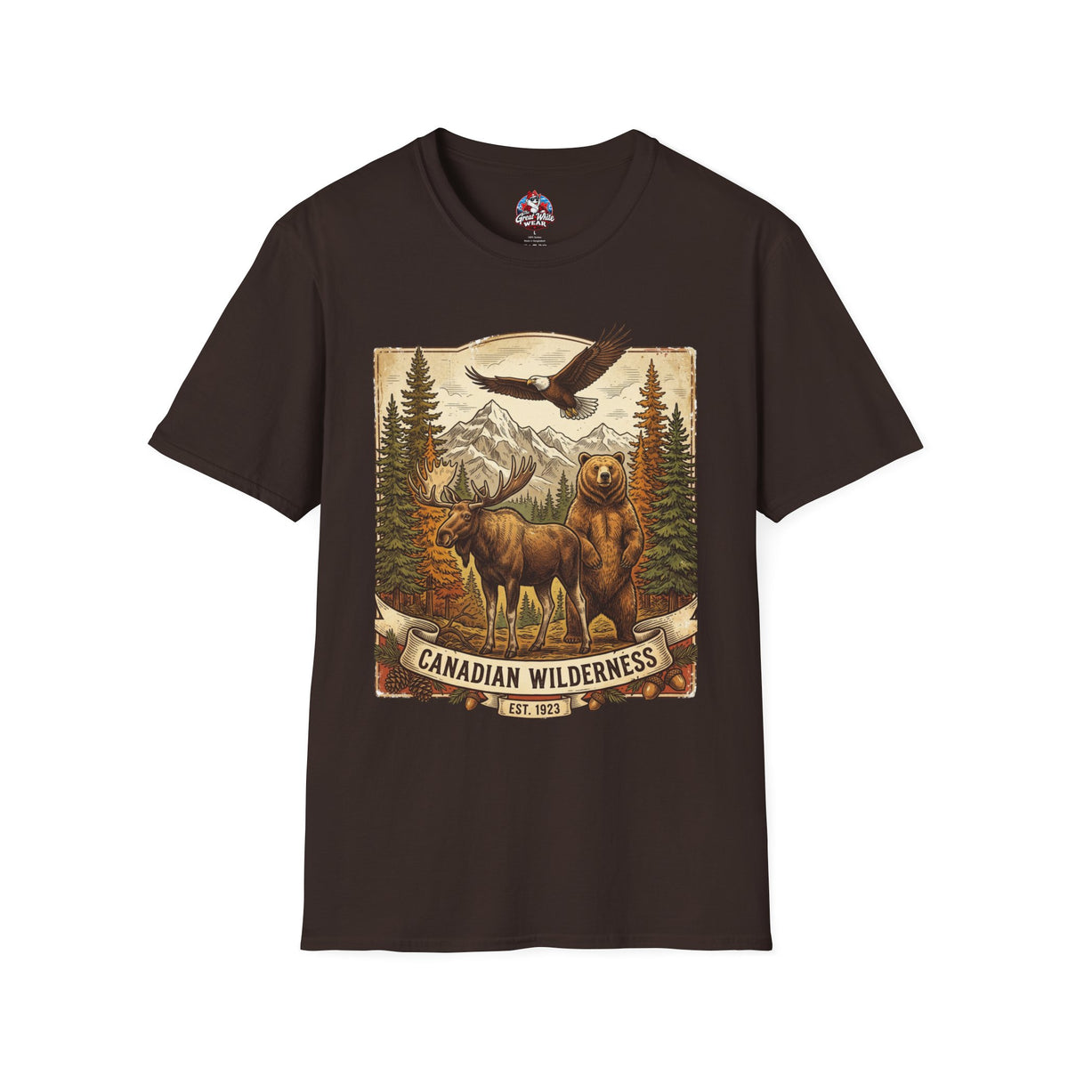Mens T-Shirt — Canadian Wilderness Vintage Nature Graphic (Bear, Moose & Eagle)