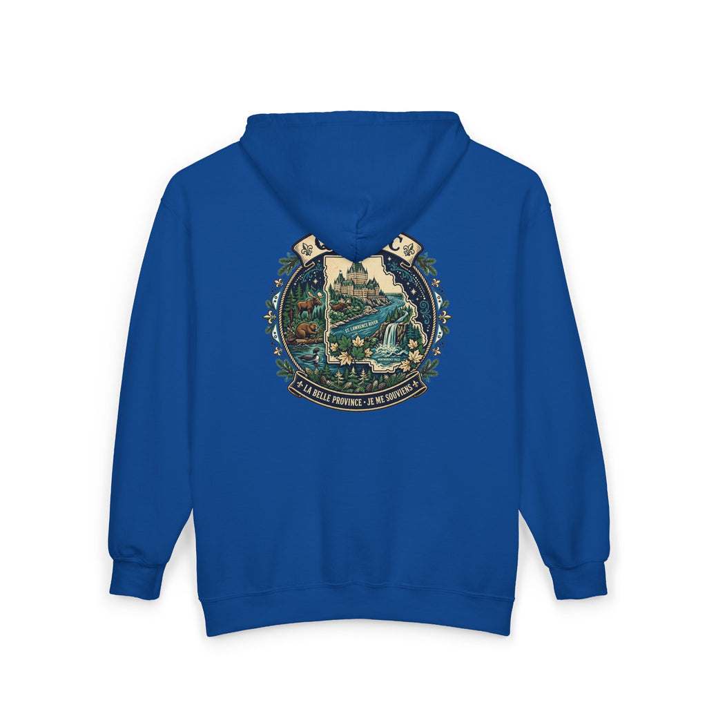 Québec Vintage Travel Hoodie — Scenic Chateau and Waterfall Souvenir Hoodie