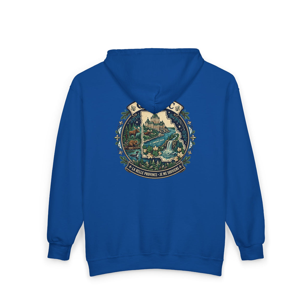Québec Vintage Travel Hoodie — Scenic Chateau and Waterfall Souvenir Hoodie