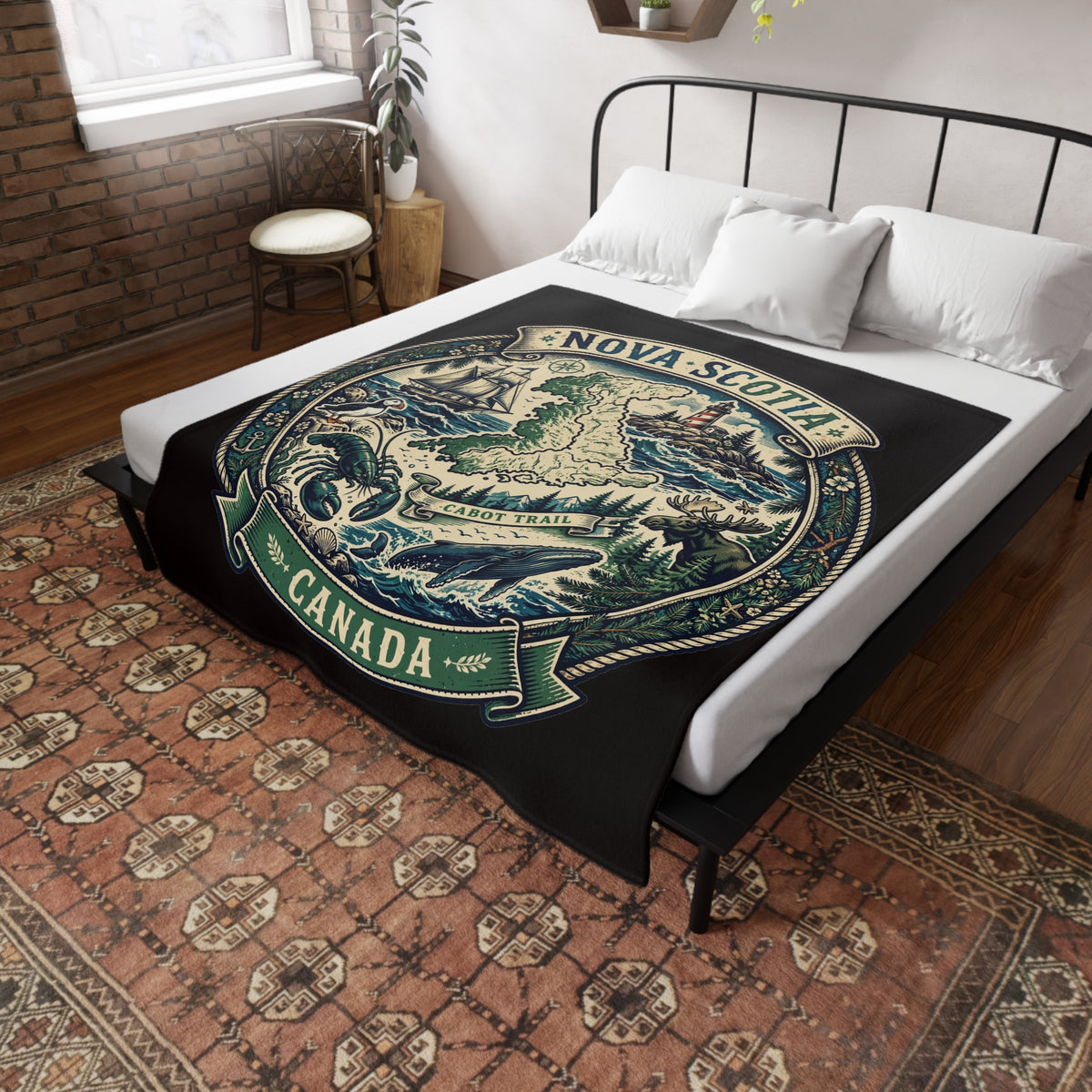 Nova Scotia Canada Plush Fleece Blanket — Coastal Map, Cabot Trail Lighthouse and Whale Design