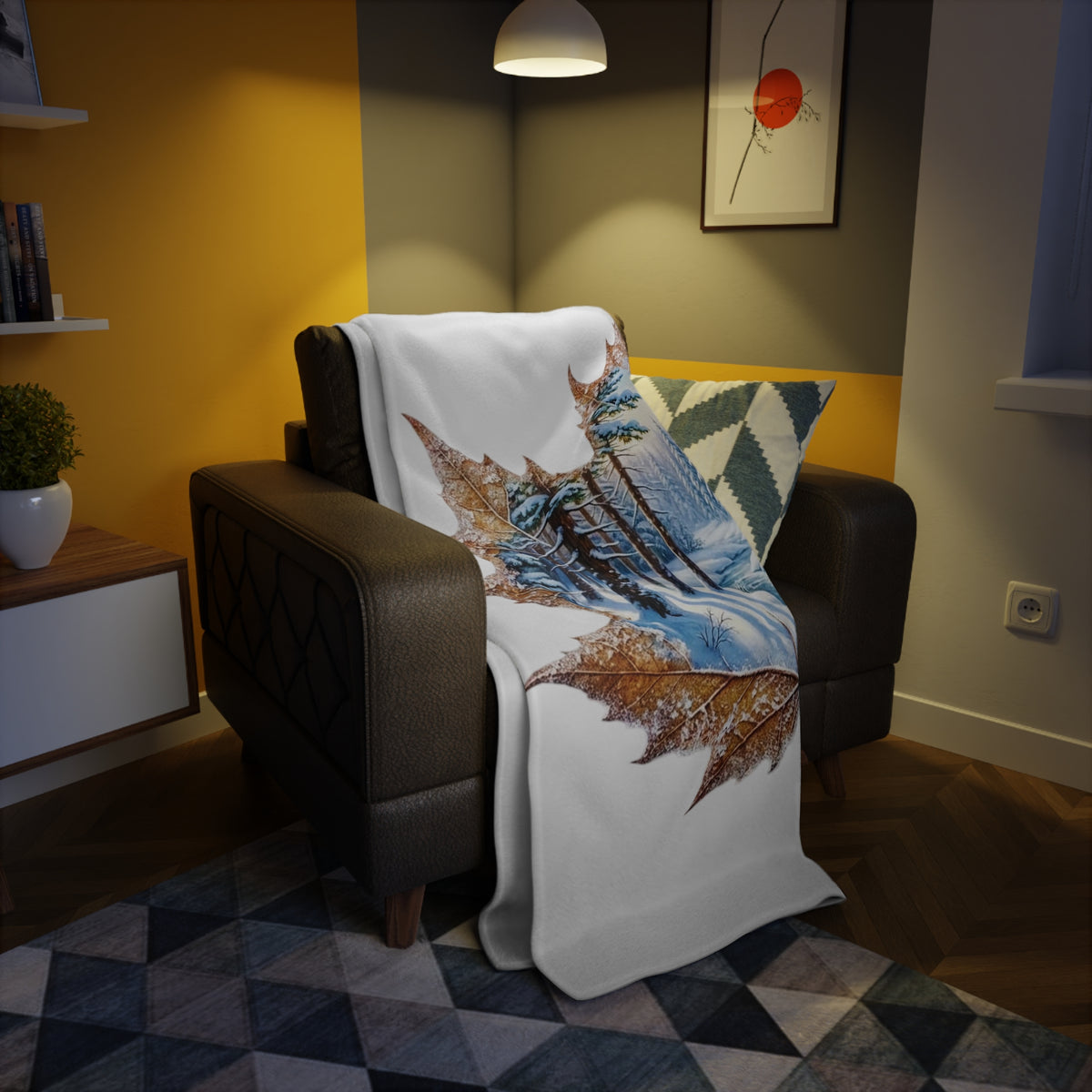 Winter Cabin Maple Leaf Plush Fleece Blanket