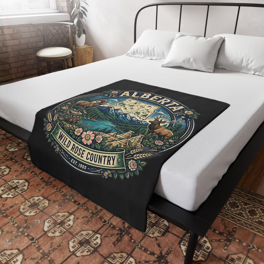 Alberta Wild Rose Country Plush Fleece Blanket — Scenic Rockies Map and Wildlife Throw