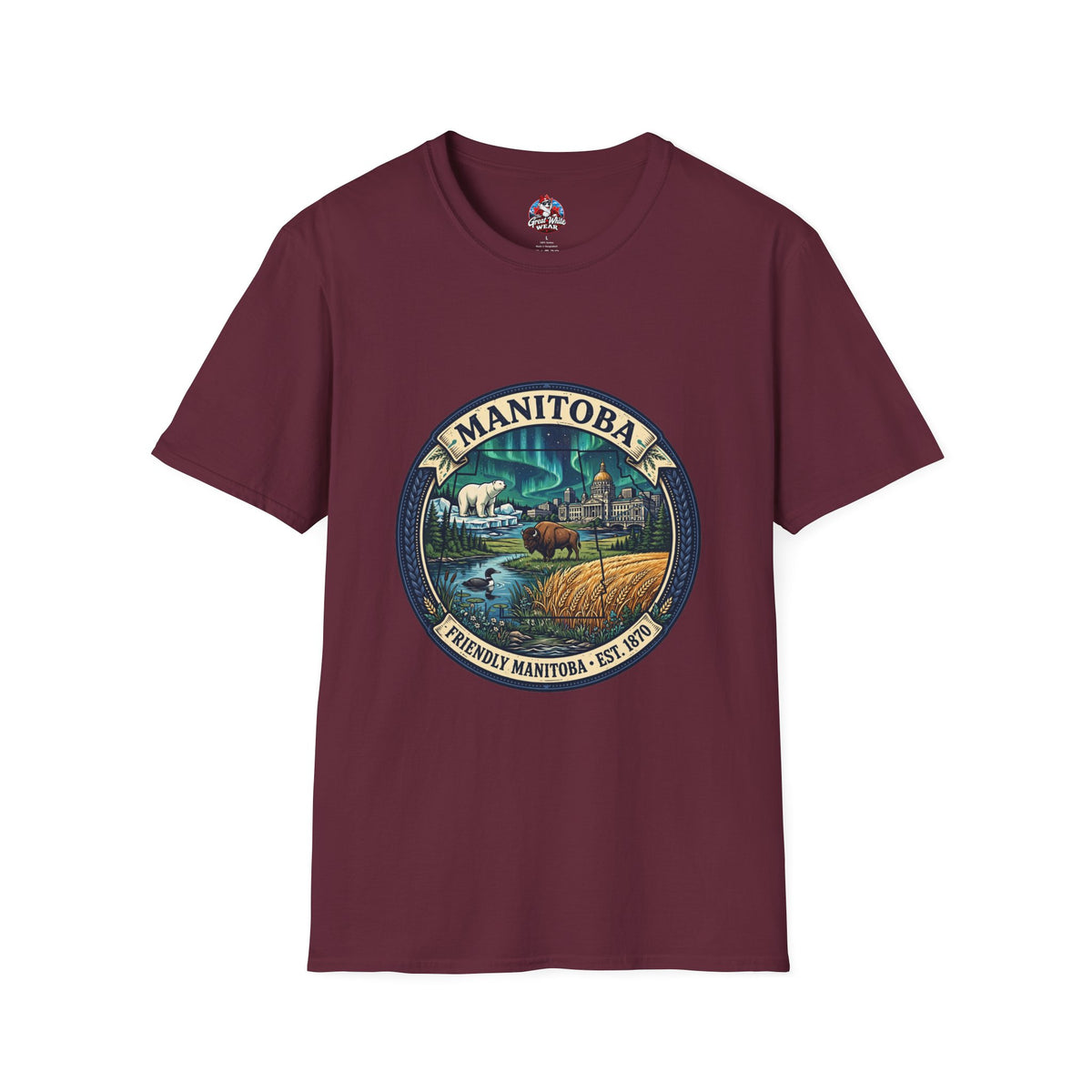 Manitoba Nature Badge T-Shirt — Northern Lights, Moose and Prairie Scenic Tee