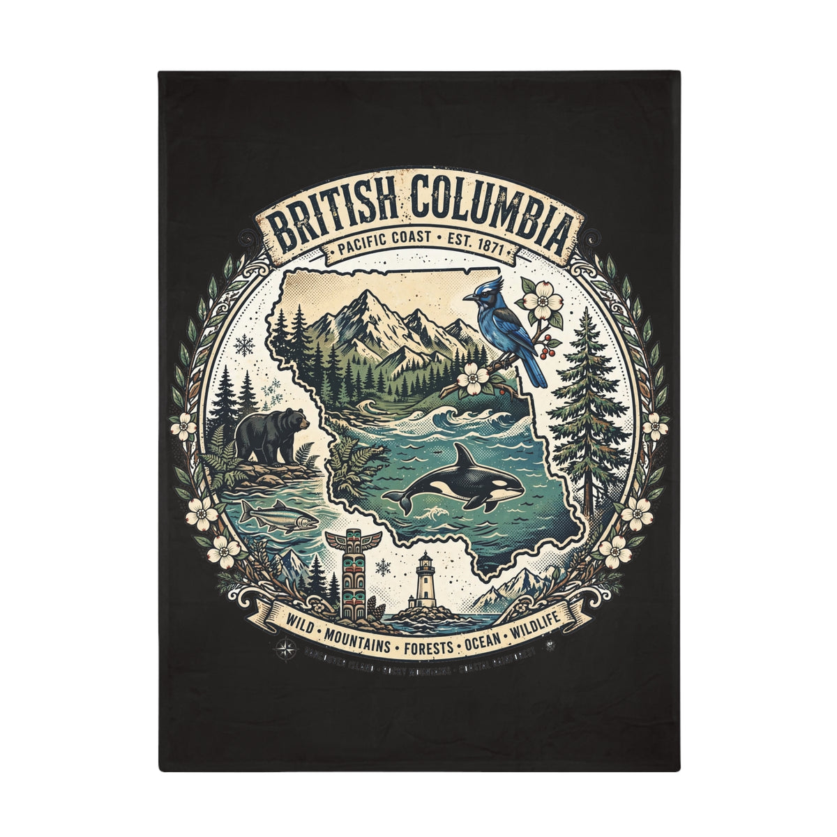 British Columbia Plush Fleece Blanket — Pacific Coast Wildlife and Mountains Throw