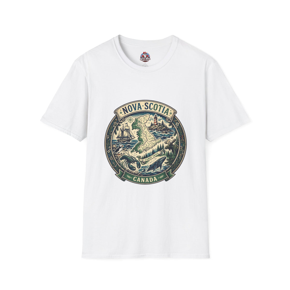 Nova Scotia Canada Vintage Map T-Shirt — Coastal Lighthouse and Whale Graphic Tee