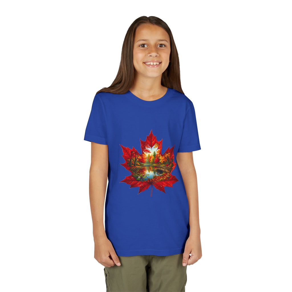 Youth Tee – Autumn Maple Leaf Lake Scene Graphic