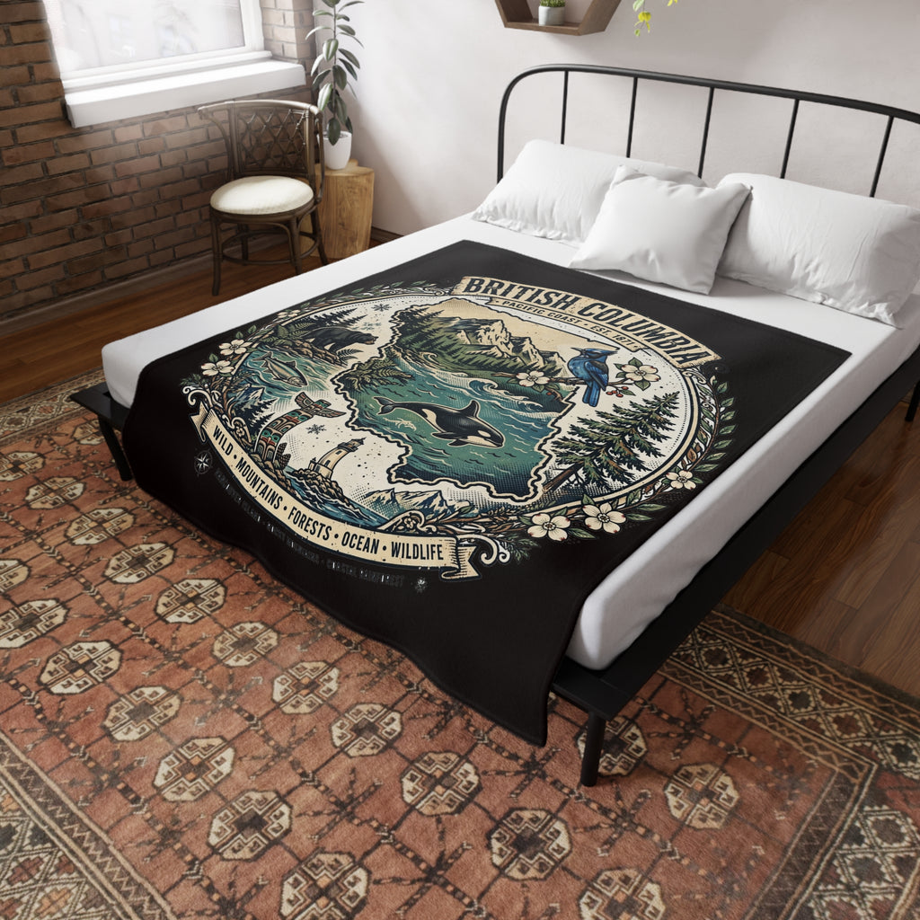 British Columbia Plush Fleece Blanket — Pacific Coast Wildlife and Mountains Throw