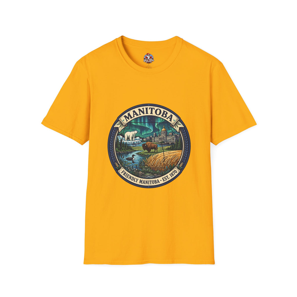 Manitoba Nature Badge T-Shirt — Northern Lights, Moose and Prairie Scenic Tee