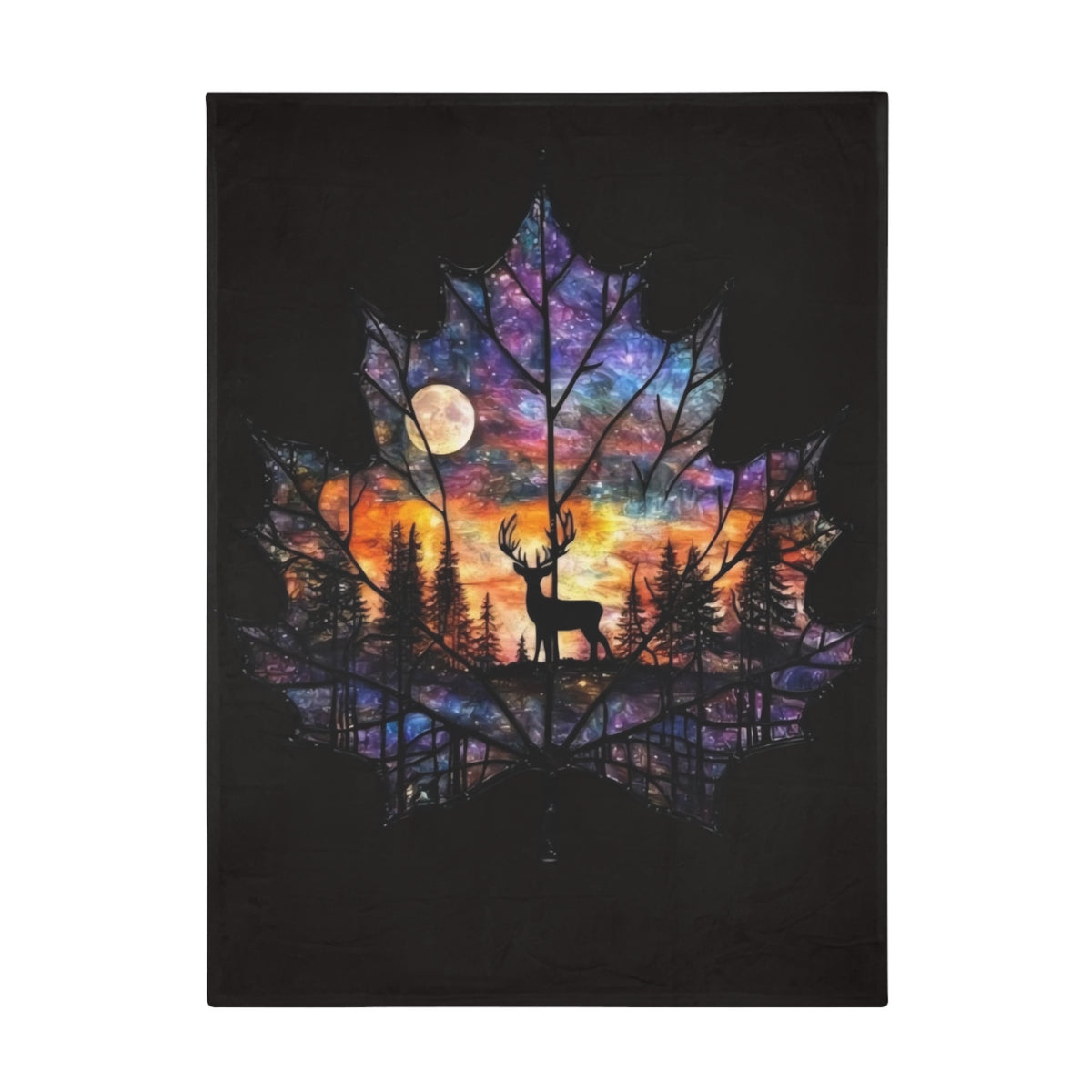 Deer Silhouette Maple Leaf Fleece Blanket — Colorful Sunset Night Forest Throw