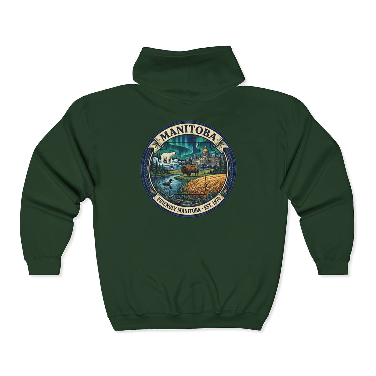 Manitoba Nature Badge Hoodie — Northern Lights, Moose and Prairie
