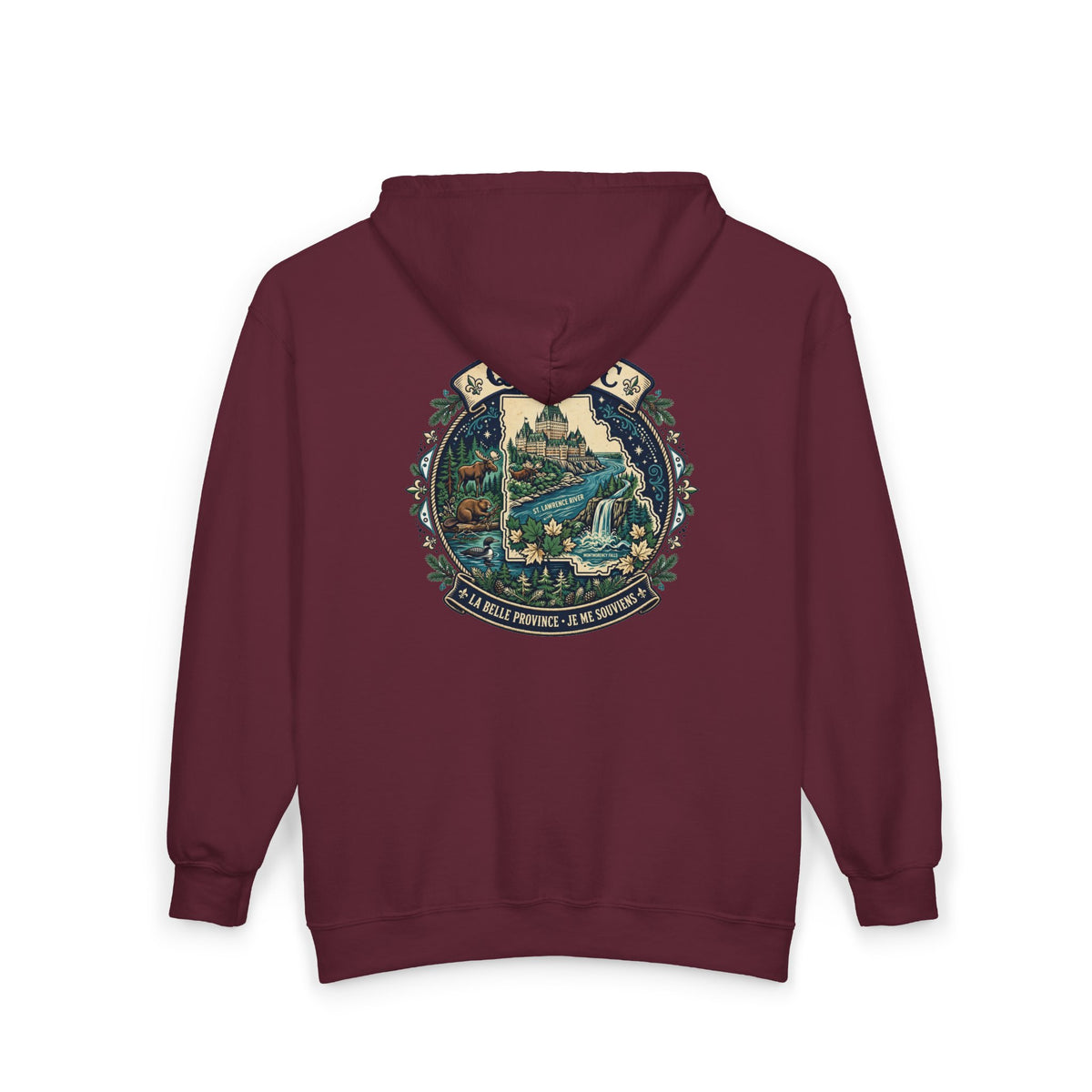 Québec Vintage Travel Hoodie — Scenic Chateau and Waterfall Souvenir Hoodie