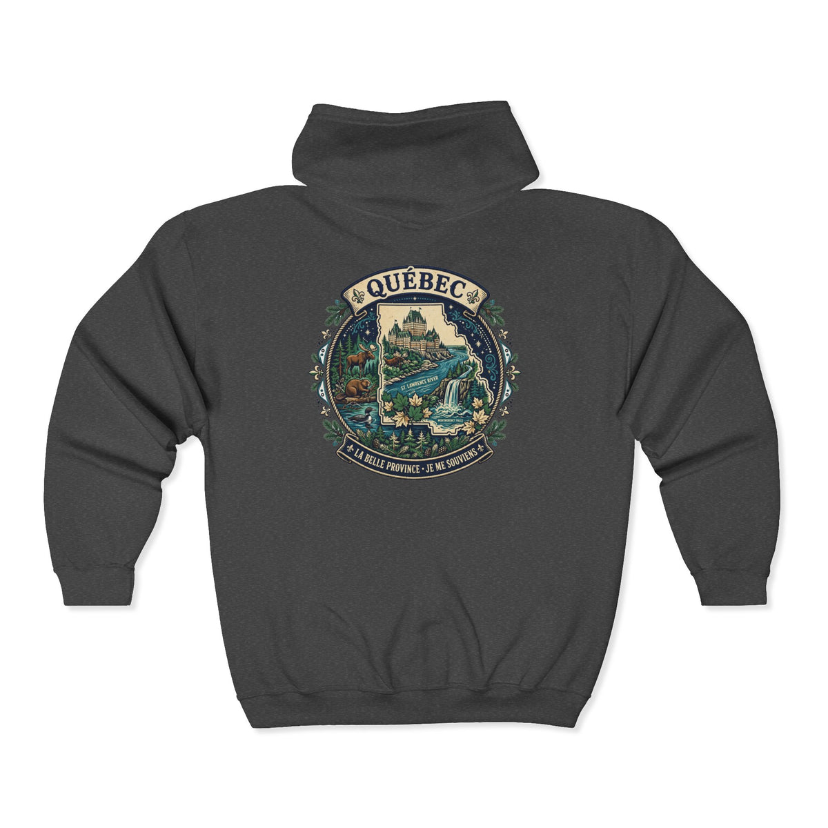 Québec Vintage Travel Hoodie — Scenic Chateau and Waterfall Souvenir Hoodie